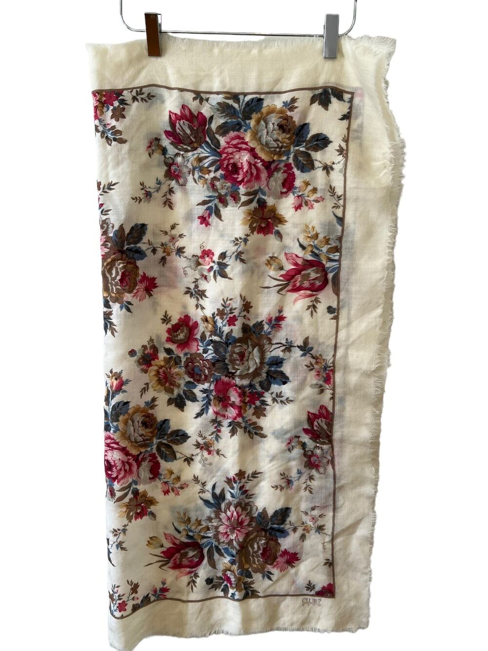 Vintage ECHO Club 7 wool fringed scarf Cream Pink Floral Print